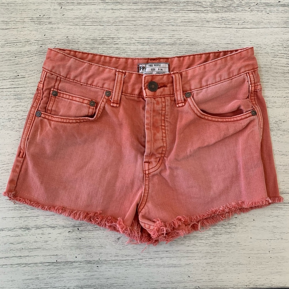 FREE PEOPLE Denim Cutoff Festival Shorts Coral Size 26